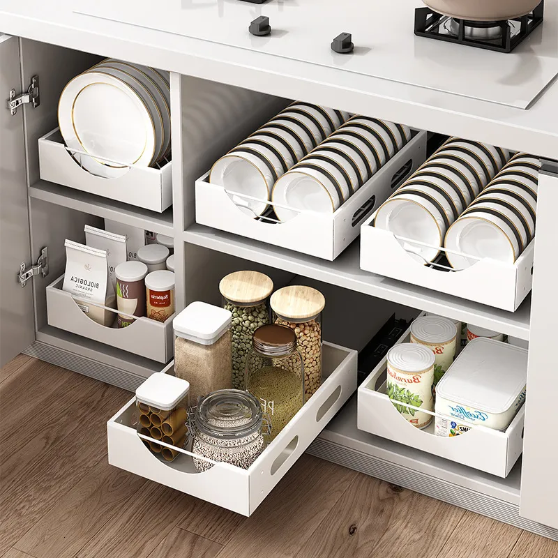 Kitchen Plate Storage Rack Cabinet Pull out Organizer 27.5x38.5x8cm Metal White for Crockery Beverage Storage