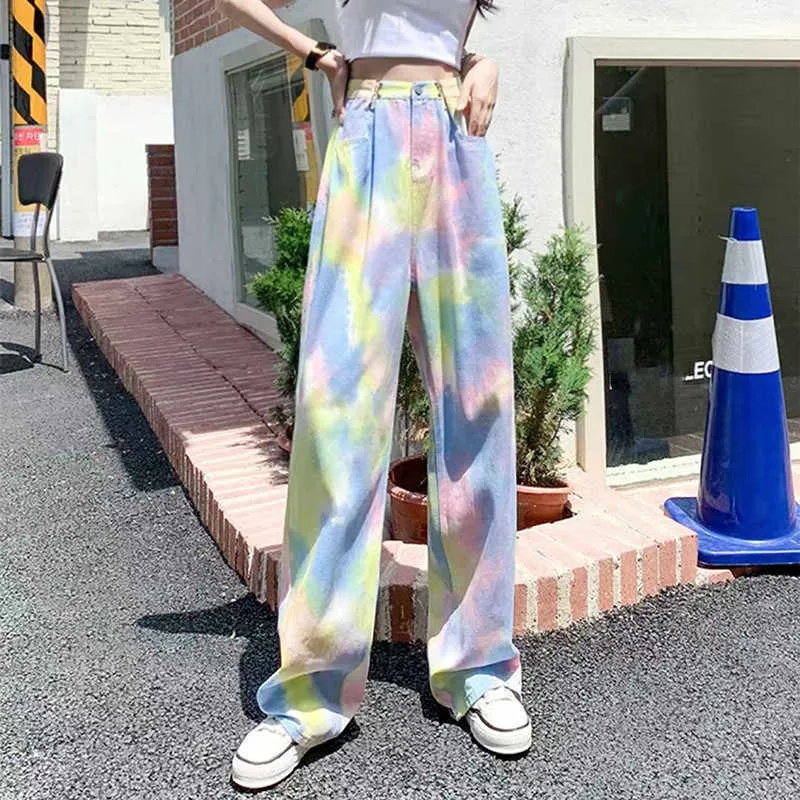 Lucifer 2022 Summer Tie Dye Jeans Loose Waist Straight Trousers Women's Street Clothing Wide Leg Pants P230602