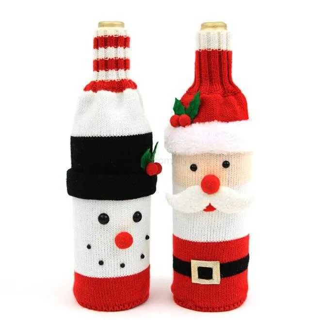 Juldekoration Red Wine Cover Påsar 3D Cartoon Knit Santa Claus Reindeer Bottle Clothes With Fluff Creative Wine Bottles Cover Fashion Xmas Decor Alkingline