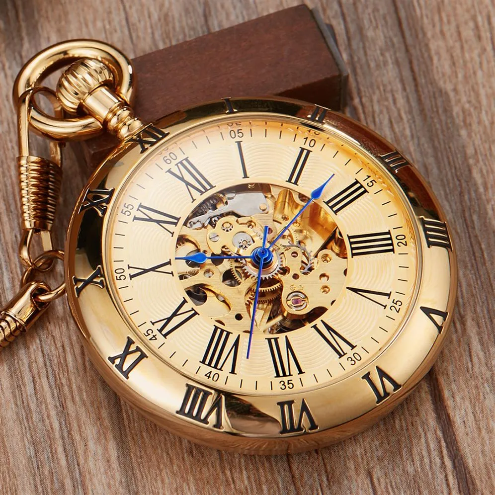 Luxury Gold Automatic Mechanical Pocket Watch Retro Copper Watches Roman Numerals Fob Chain Pendants Men Women296T