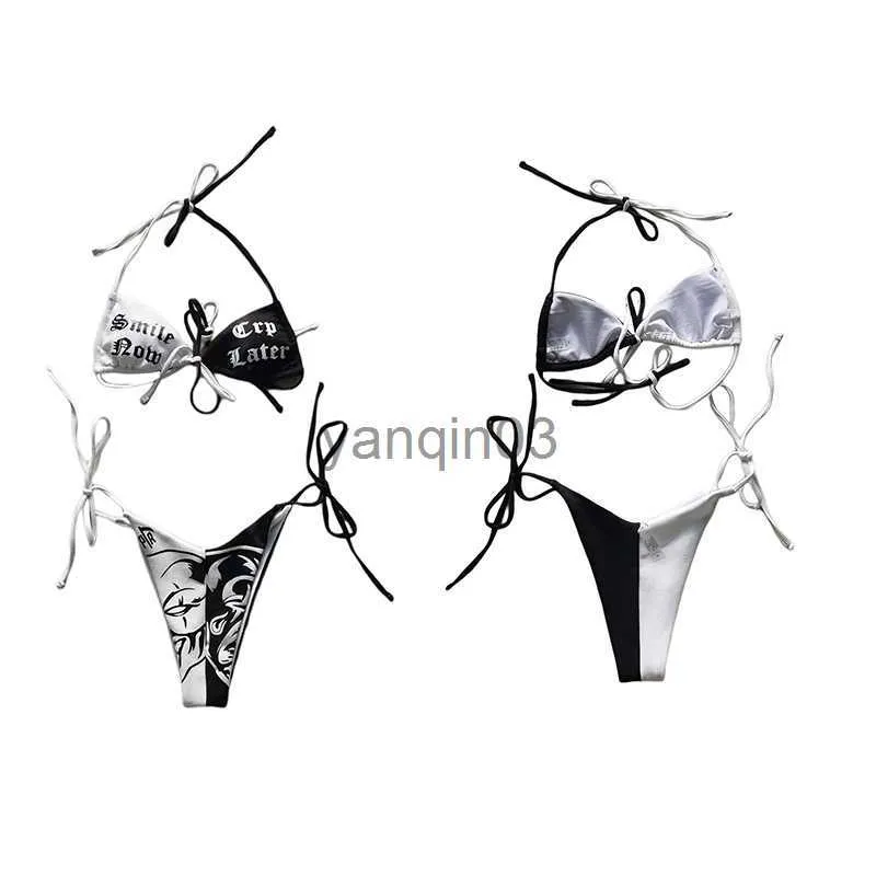 Kvinnors badkläder 2022 Kvinnor Tvådel Bikini Patchwork Färg Bindningsbrev Mönster Bra + Tryckbyxor Split Swimsuit Anime Goth Beachwear J230603