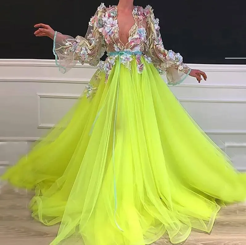 Lemon Green Long Sleeve Prom Dress Deep V-Neck 3D Flowers Tulle Evening  Gown Elegant Fairy Formal Dress