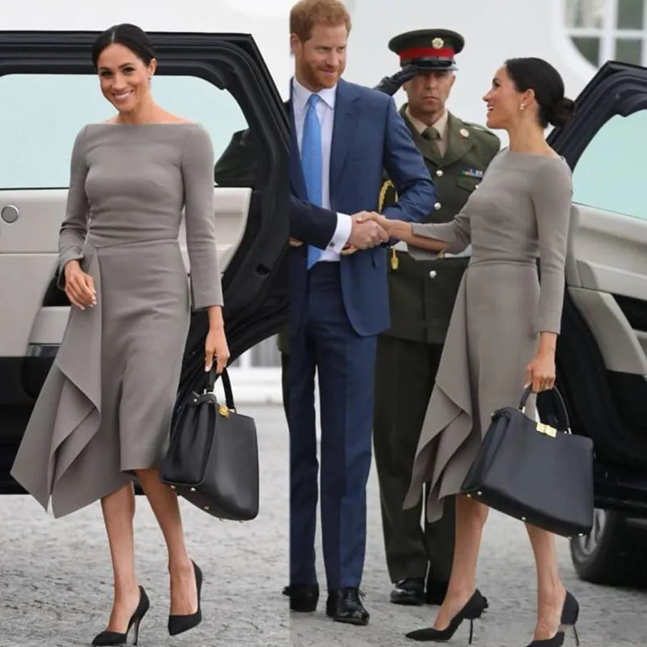 2023 Meghan Markle Comprimento do Chá Vestidos Mãe da Noiva Simples Cetim Manga Longa Linha A Mãe Festa Baile Vestido de Noite