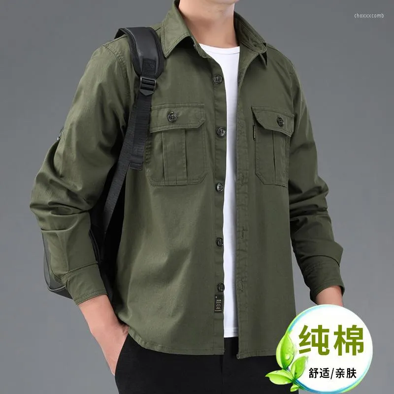 Camisas Casuais Masculinas J9007 Moda Primavera Verão Algodão Cargo Camisa Masculina Bolsos Duplos Manga Comprida Cor Sólida Estilo Militar Ao Ar Livre Solta