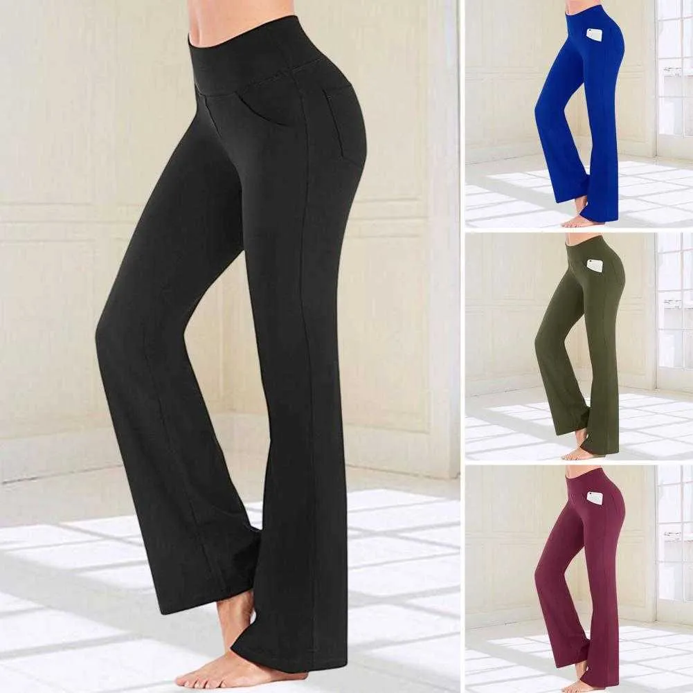 Pantolon Capris Sports Elastik Düz Renk Cep Geniş Bacak Karın Kontrolü Nefes Alabilir Yüksek Bel Yoga Pantolon Kadın Giyim P230602