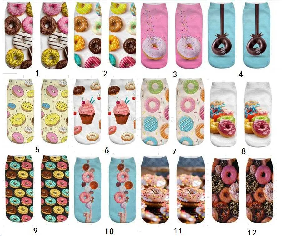 Moda Tasarım Karikatür Donut Baskılı Çoraplar Yüksek Kaliteli UNISEX ERKEKLER KADIN 3D Baskı Gündelik İnce Çorap Spor Spor Donutları Pamuk Çorap