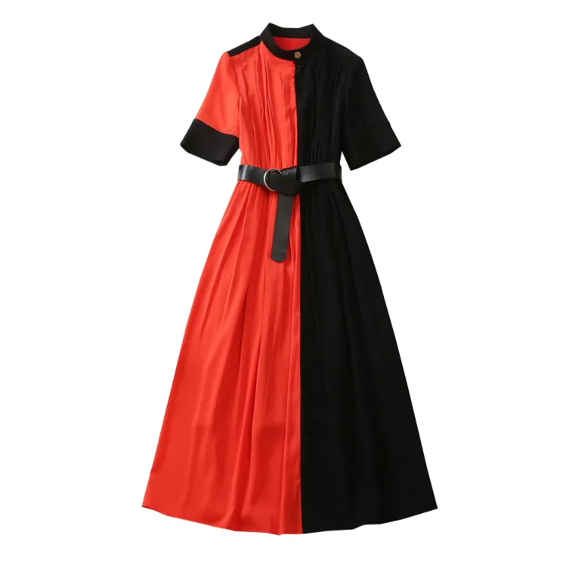 Verão preto vermelho contraste cor vestido com cinto manga curta gola alta painéis midi vestidos casuais A3A101526