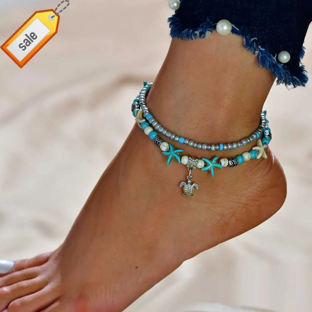 Starfish Turtle Anklets Multiple Layered Boho Gold Chain Anklet Heart Beach Turquoise Stone Charm Anklet For Women Foot Jewelry