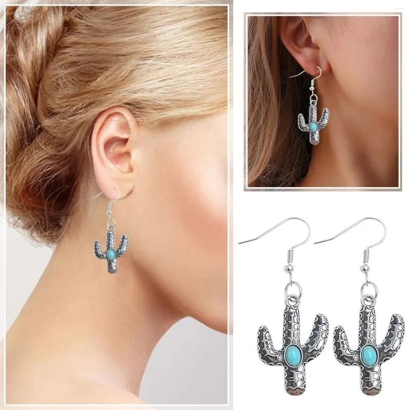 Hoop Earrings Vintage Western Style Cactus Turquoise Alloy For Women Earring Cute Bulk