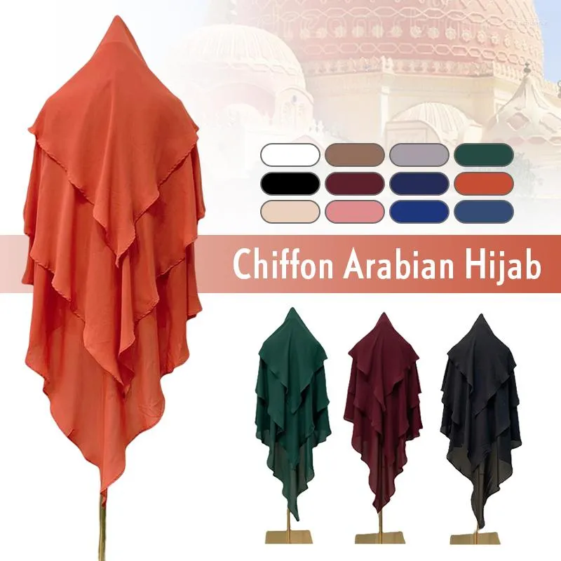 Ropa étnica Musilm mujeres gasa Hijab bufanda Medio Oriente Dubai musulmán pañuelo para la cabeza Islam Headwrap 3 capas Color sólido árabe chal