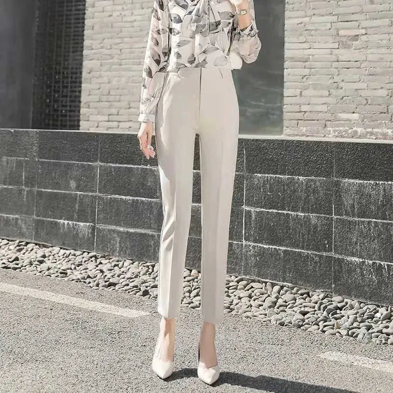 Capris İlkbahar/Yaz Düz Renkli Kalem Kore Moda Yüksek Enlem Ofis Seti Kadınlar Günlük Ayak Bileği Pantolon P230602