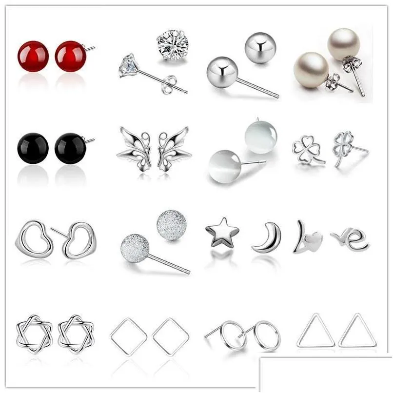 Stud Mix Style 925 Sterling Sier Plaqué Boucles D'oreilles Coeur Trèfle Lune Charme Petit Pour Les Femmes Bijoux Drop Delivery Dhmut