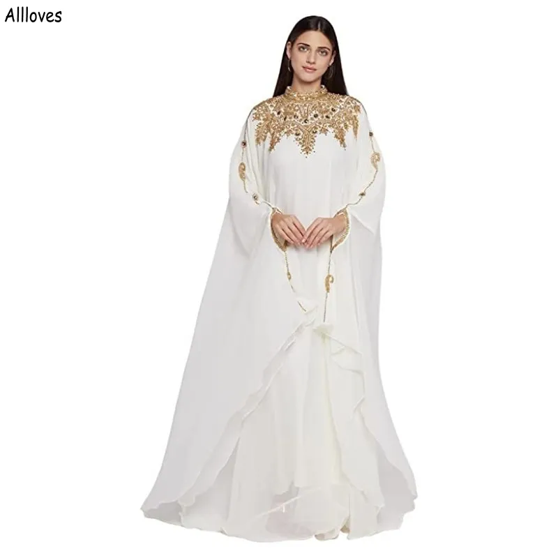 Mellanöstern Kaftan Muslimska kvällsklänningar Hög krage Long Bat ärmar Guld spetsar Appliced ​​Prom Party -klänningar Dubai Arabiska Abaya Chiffon Long Maxi Formal Wear CL2353