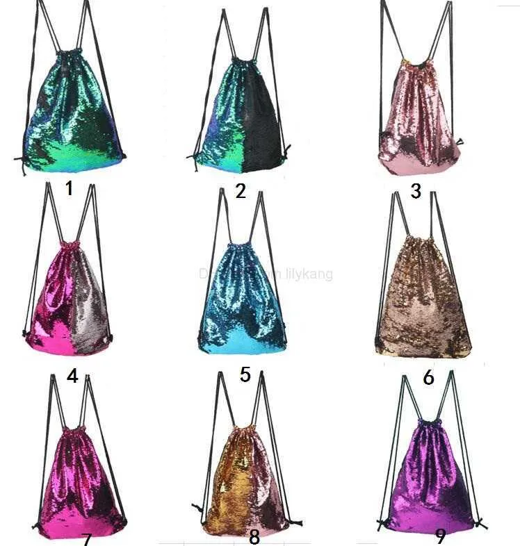 Bolsas da moda Mochila com cordão de lantejoulas Sereia Esportes ao ar livre Glitter Casual Duas cores Lantejoulas Mochila Bolsas de ombro Bolsa de viagem