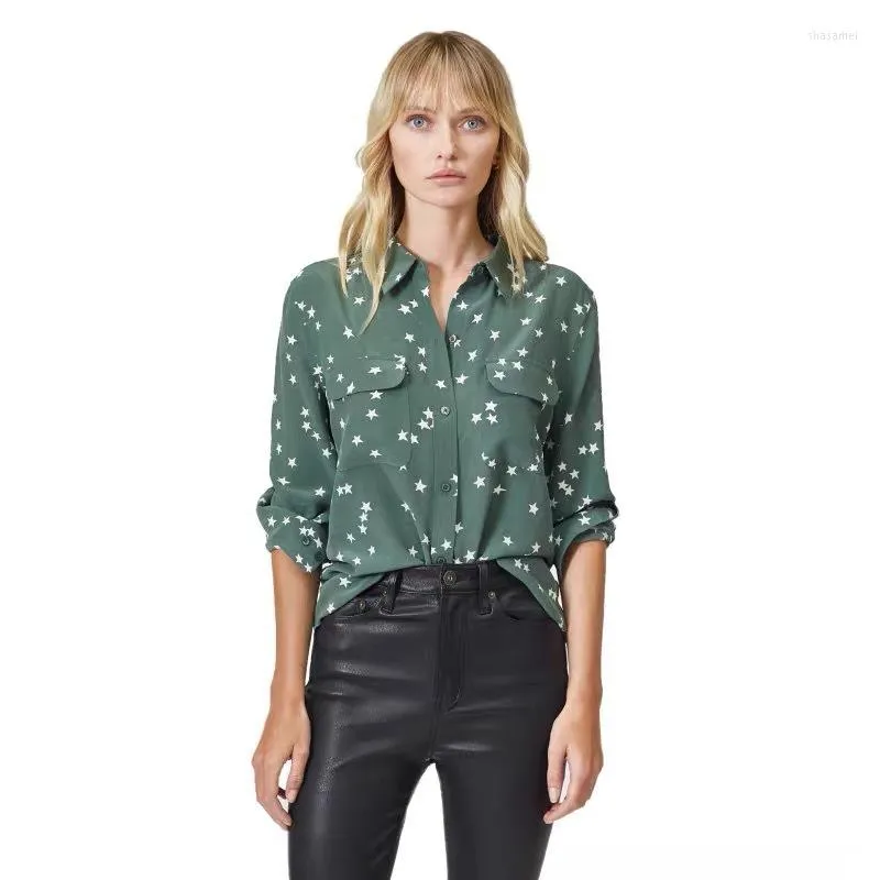 Blouses pour femmes 2023 Summer Femmes Soft Waxy Sand Wasted Chic Star Star Print Pocket Shirt