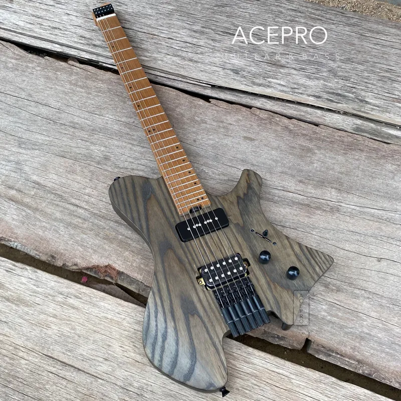 Acepro Headless Electric Guitar - Satin Black Ash Body, Roasted