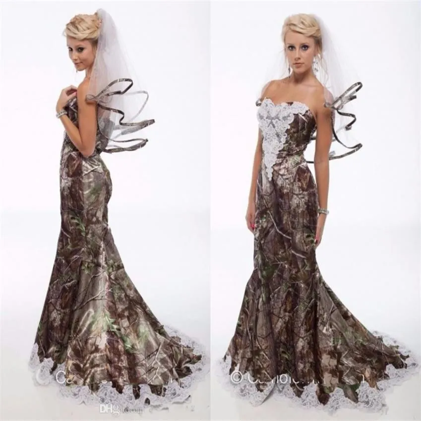 Custom Made Camo Wedding Dresses Mermaid Lace Appliques Open Back Modest Camouflage Bridal Gowns Plus Size Vestido De Novia293z