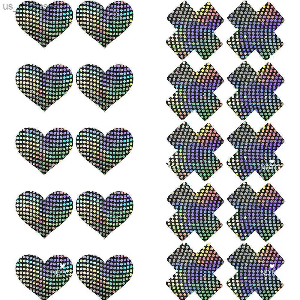 NOTCC 10 par laser paljetter prickar bröstvårtor täcker klistermärken kvinnor y2k engångs osynliga bröstpasties andningsbar hjärta kors l230523