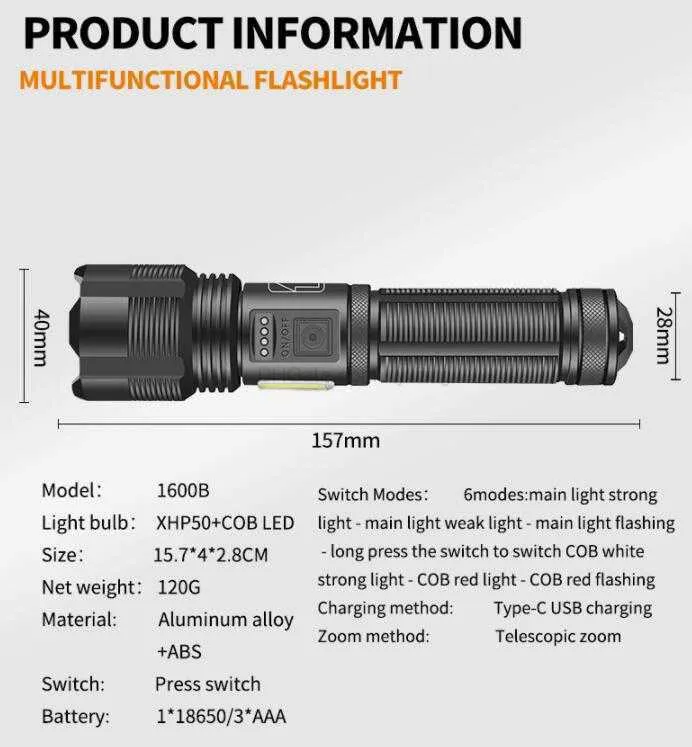 SUPER POWERFUL LED Flashlight L2 XHP50 Tactical Torch USB
