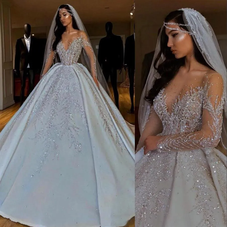 2021 Dubai Arabic Luxury A Line Wedding платья Формальные платья невесты драгоценный камень иллюзия иллюзия иллюзия прозрачная хрустальная бисера