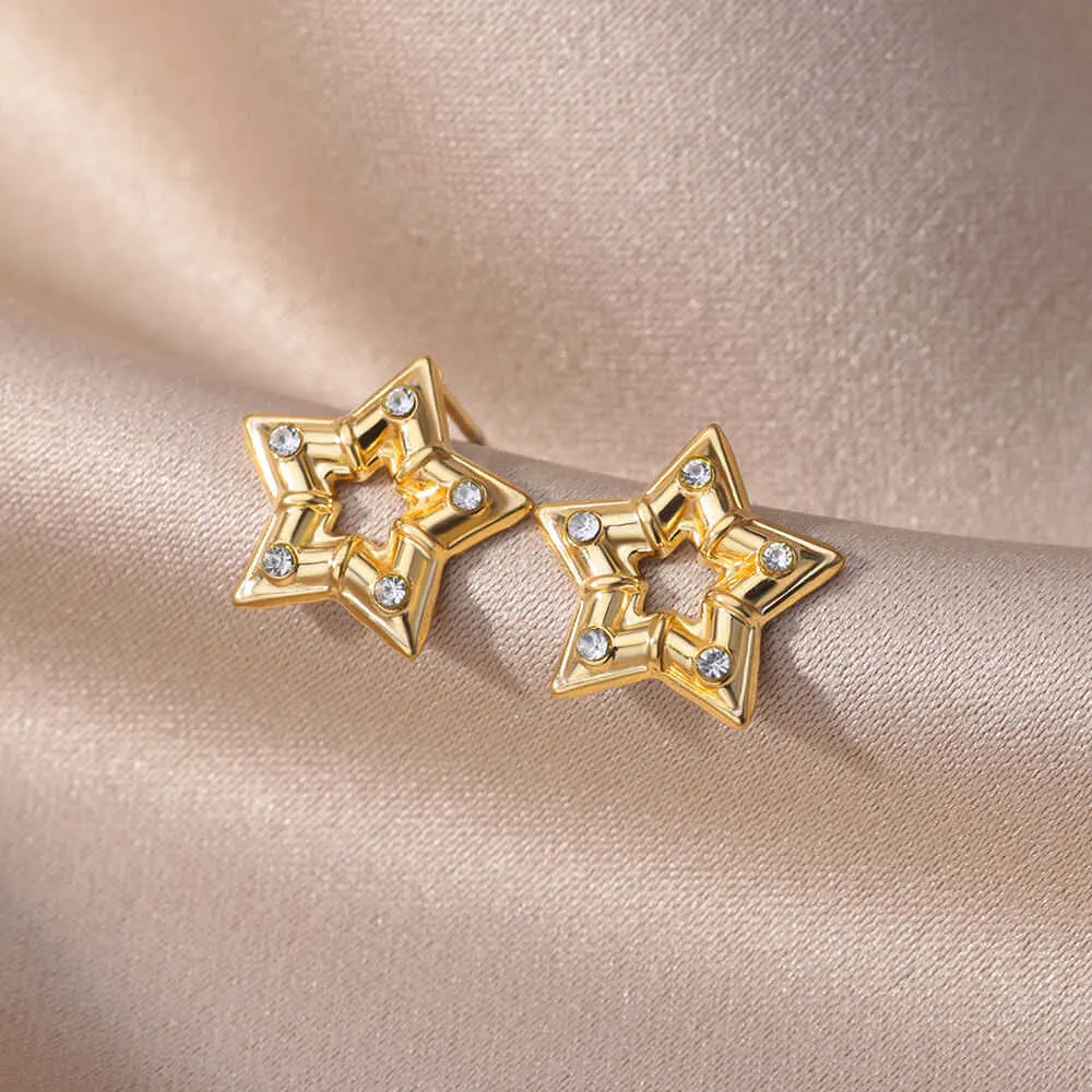 Stud Zircon Star Women's Stainless Steel Gold Plated Perforated Earrings for Korean Fashion Wedding Aesthetics Jewelry Gifts G230602