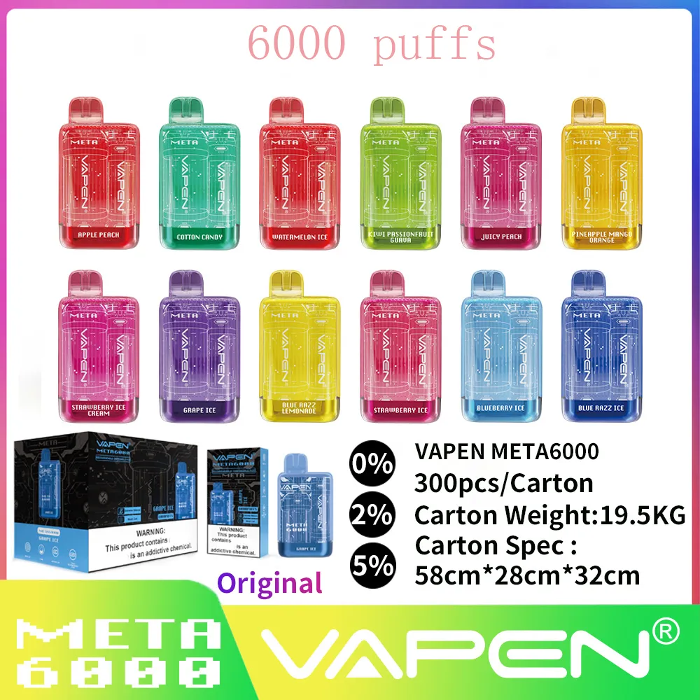 Authentisches Vapen Meta 6000 Puffs Einweg-Vape-Stiftgerät, elektronische E-Zigaretten-Kits, 550-mAh-Akku, vorgefüllte Elf-Bars, Vaporiezer-Dampf, 0 % 2 % 5 % Optionen