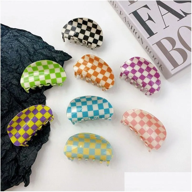 Klämmor Colorf Checkerboard Acetate Hairpin Geometric Semicircle Bath Hair Claw Clip for Women Accessories Drop Leverans smycken Hår Dhruh