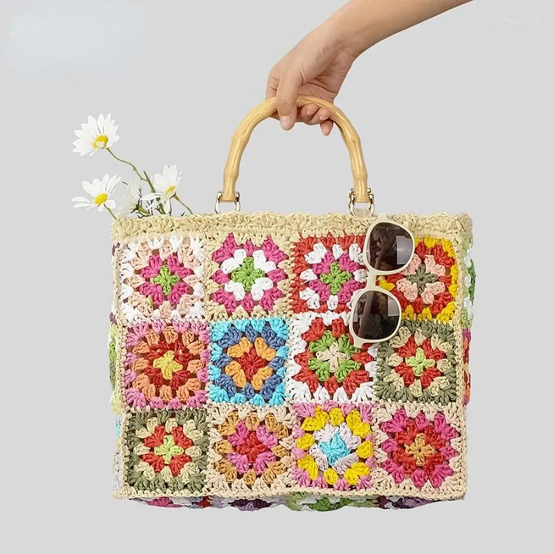 Evening Bags Granny Square Handmade Crochet Multicoloured Big Bag Ethnic Style Purse Handbag With Wooden Hand-held Fashion Woven Shoulder