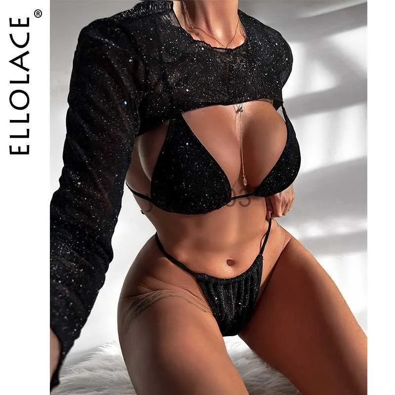 ملابس السباحة للسيدات Ellolace Micro Swimsuit 2022 New Black Glitter منفصل ملابس السباحة ومحصول أعلى الأكمام الطويلة Harajuku Full Fantasy Bikini J230603