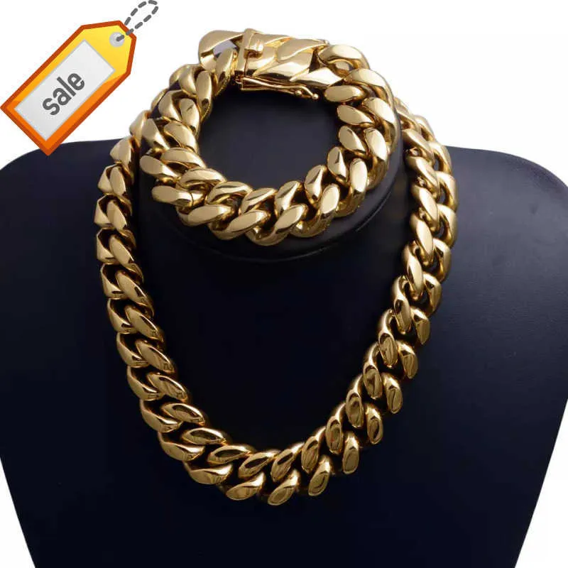 Stainless Steel Thick 16mm Round Cuban Chain Choker 18K Gold Luxury Mens Miami Cuban Link Chain Necklace Bracelet Set Bracelet