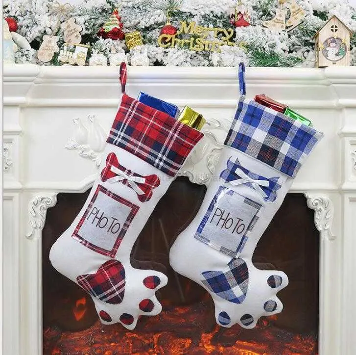 Chaussettes de patte de chien Bas de Noël Noël Pendentif de Noël Décoration Enfants Sacs-cadeaux Sac de bonbons Bas Nouvel An Prop Chaussettes Peut Mettre Photo