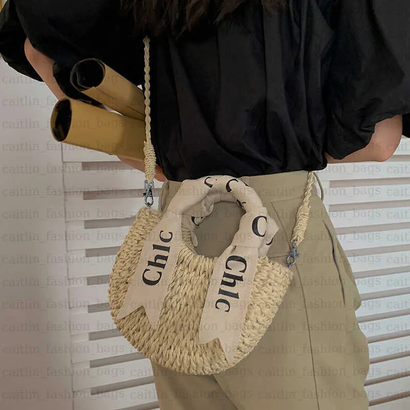 디자이너 가방 여성 패션 여름 밀짚 가방 라트 프린트 핸드백 크로스 바디 백 여름 해변 가방 스카프 알파벳 커피 컬러 직물 가방 Caitlin_fashion_bags