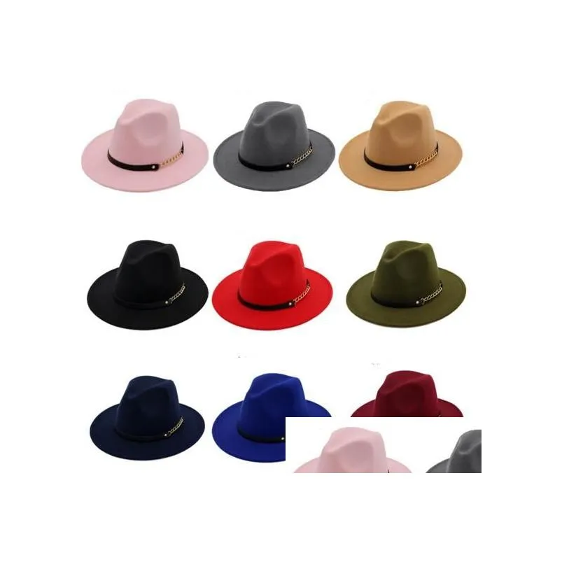 Cappelli a tesa larga Fashion Top per uomo Donna Elegante cappello Fedora in feltro solido Band Flat Brimhats Elegante Trilby Panama Caps Drop Delivery A Dhidb