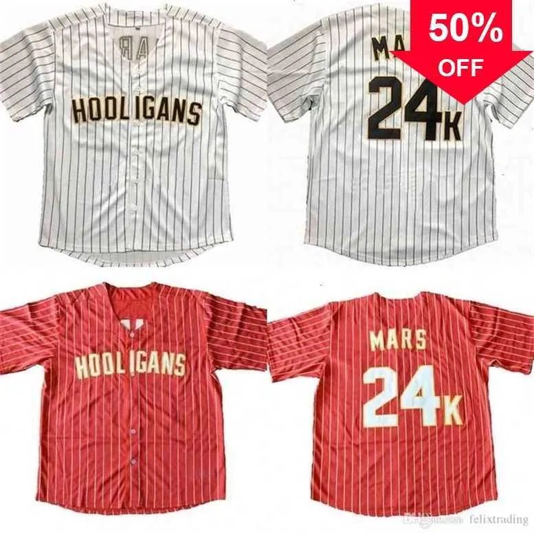 Xflsp GlaC202 Maglia da baseball Bruno Mars 24K Hooligans più economica Maglia da baseball Bruno Mars Rosso Bianco Uomo Tutte le maglie da baseball cucite