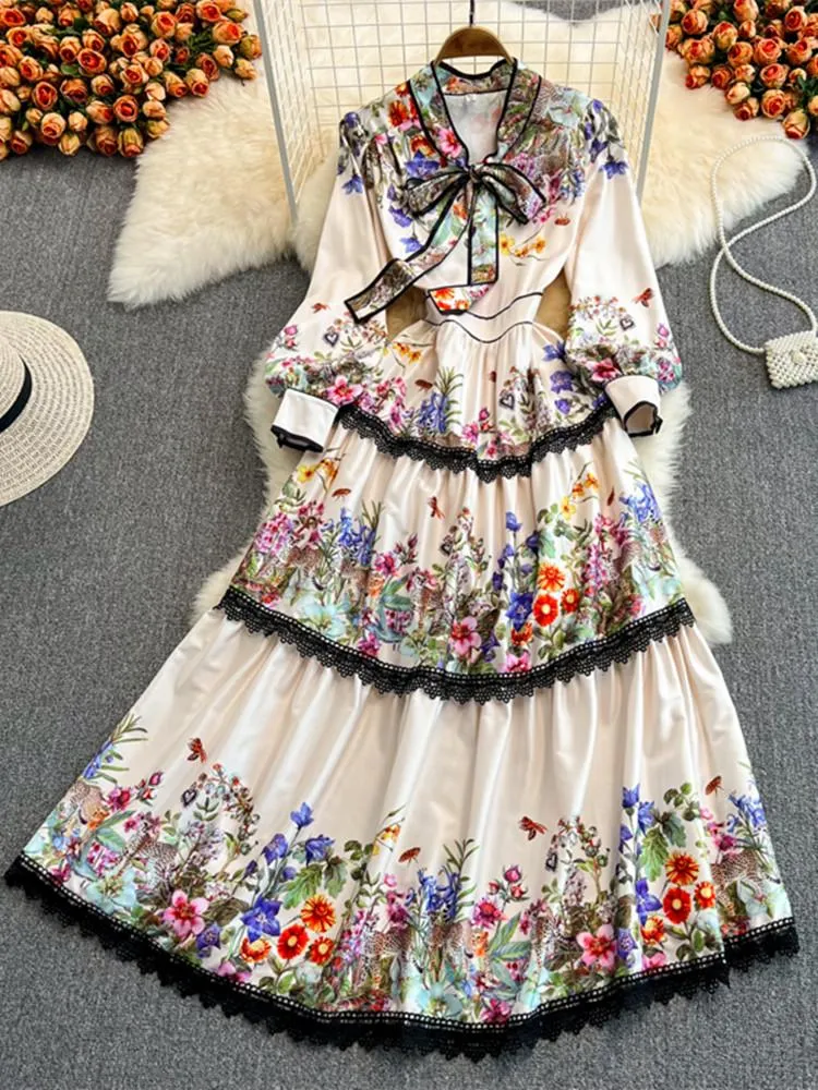 Robe Maxi à fleurs léopard pour femmes, col avec nœud papillon, manches longues, imprimé Floral, dentelle en cascade, tenue de soirée, nouvelle collection printemps