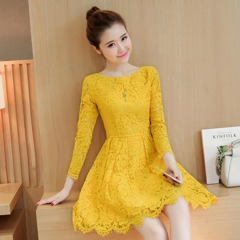 Dresses Autumn Winter New Vintage Black Sexy Lace Mini Dresses 2023 Korean Women Elegant Bodycon Pink Short Dress Party Yellow Vestidos