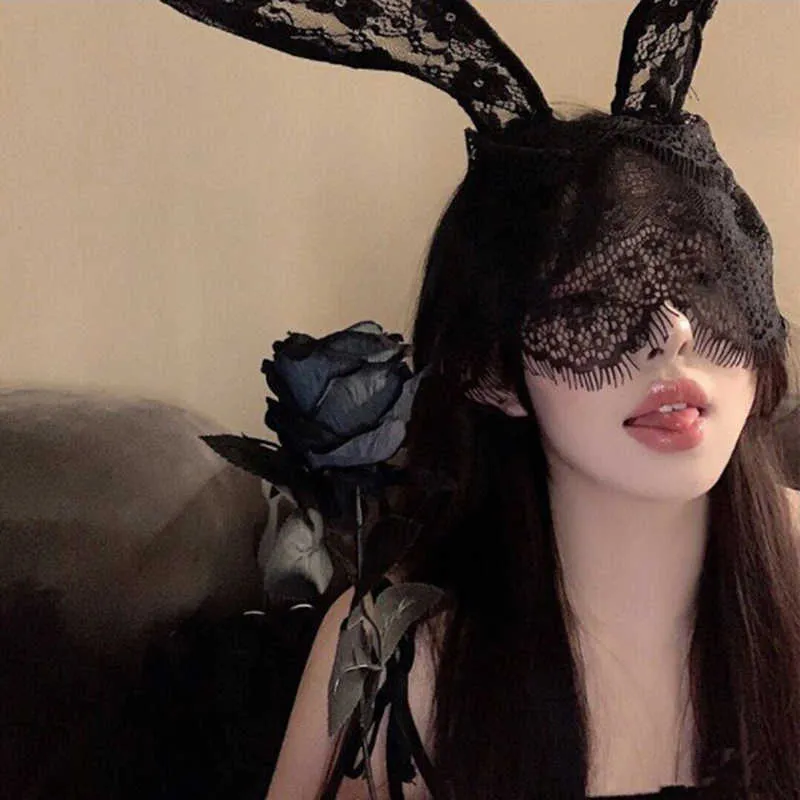 Sleep Masks Sexy Black Lace Masquerade Mask Women Costume Party Rabbit Ears Lace Eye Mask J230602