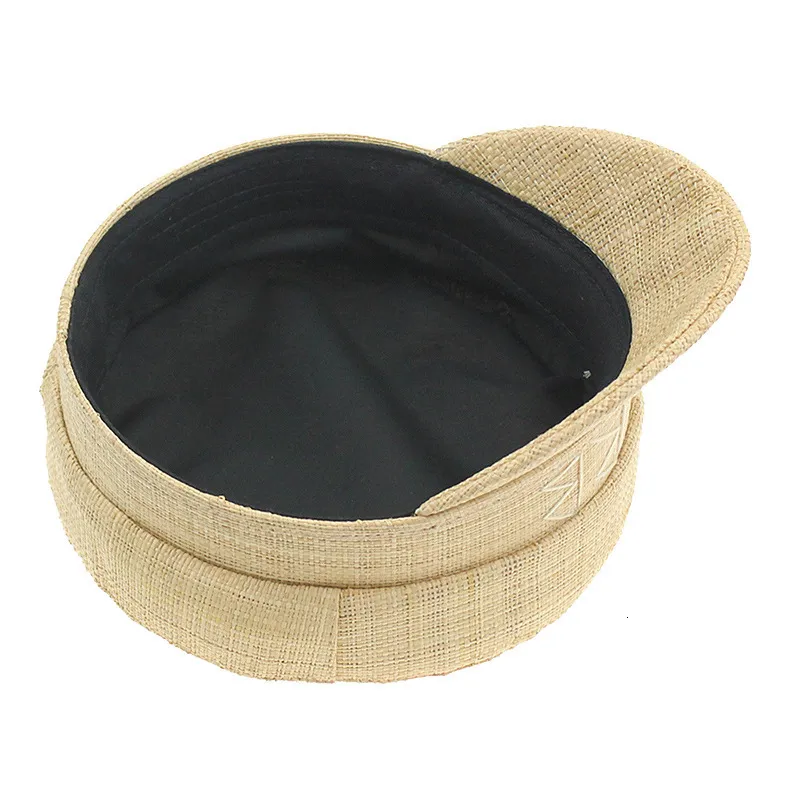 Summer Beret for Women Fashion Sailor Hat with RB Embroidery, Casual  Raffia Straw Flat Top Travel Cap Military Style