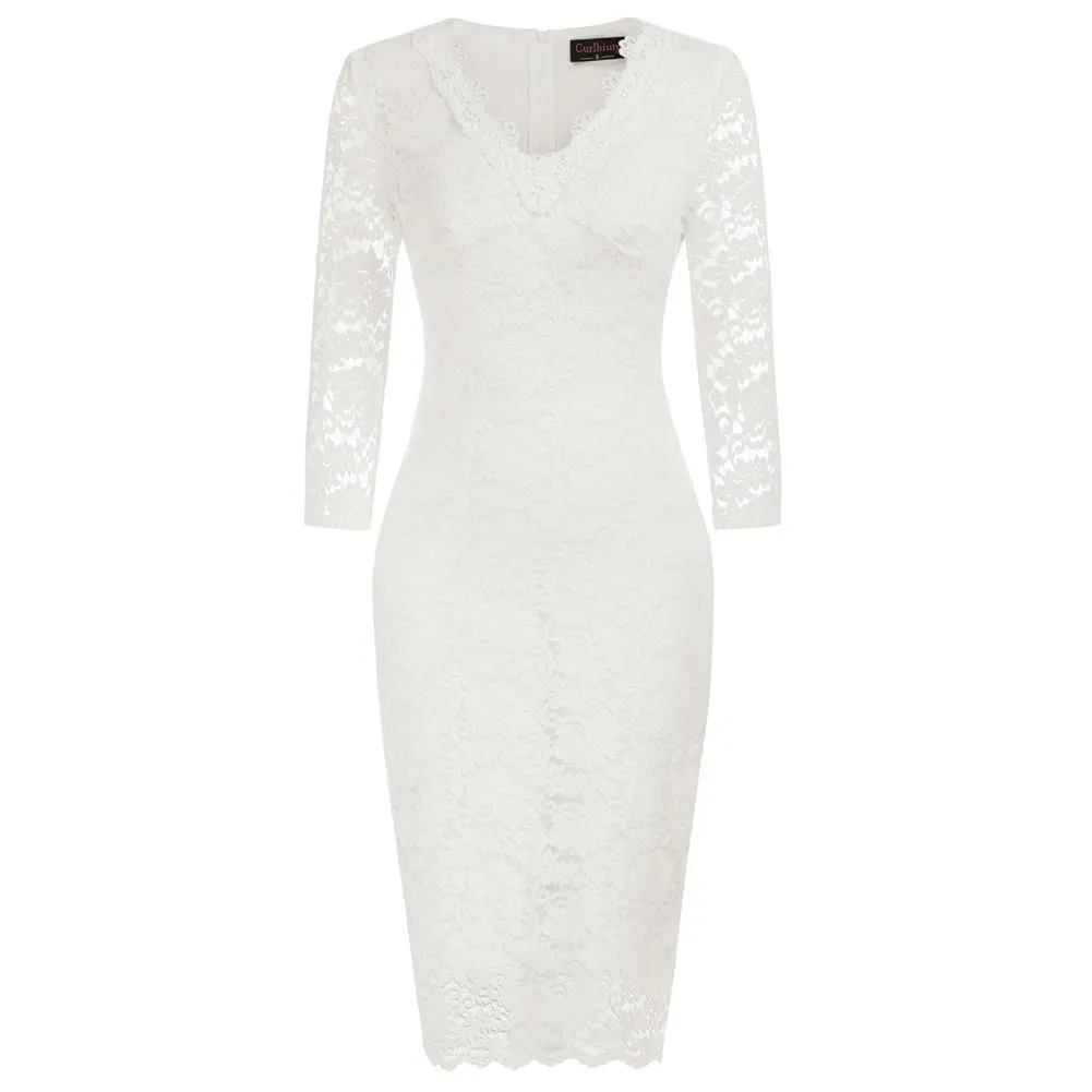 Robe Curlbiuty femmes solide dentelle robe de soirée 3/4 manches col en V Midi robe moulante élégante dame mariage invité queue robes de soirée A3