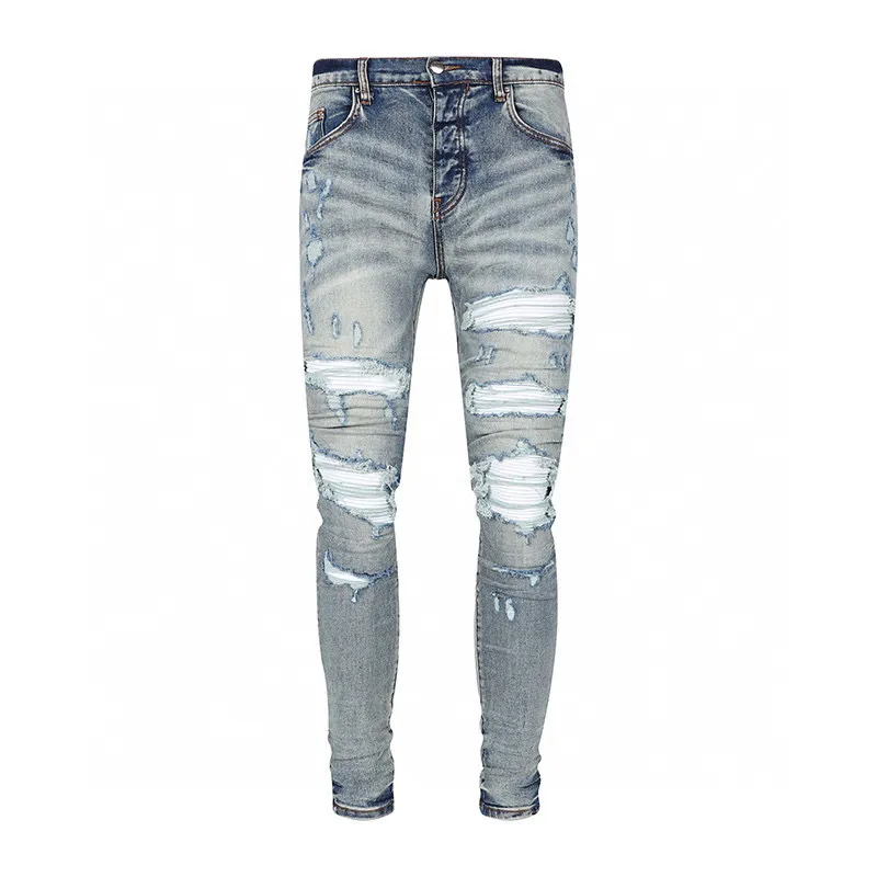 Distressed Ripped Skinny Jeans für Herren, modisch, für Herren, Motorrad, Moto, lang, aus Baumwolle, schmale Füße, High-Street-Denim, hellblau, Stoffpaste, Lochgröße 30–40, Hosen, Hip-Hop-Männer