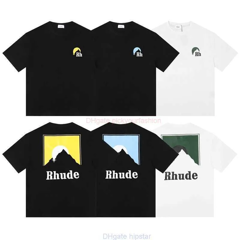 Designer Mode Vêtements Tees Tshirt Haute Version Rhude Niche Marque À La Mode Style Américain Montagne Coucher De Soleil Lettre Imprimer Lâche Style Paresseux Hommes Femmes À Manches Courtes Tsh