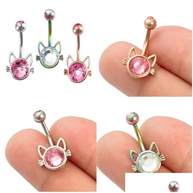 Navel Bell Button Rings Cat Belly For Woman Piercing Surgical Steel Bar Barbell Zircon Dangling Ombligo Y Body Jewelry Drop Deliver Dhufo