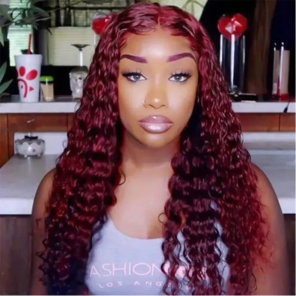 10A Burgundy 99J Deep Wave 13x4 Lace Front Human Hair Wig for Women, 100% Brazilian Human Virgin Hair Lace Frontal Wig Pre Plucked with Baby Hair Red Wine Color 150% Density