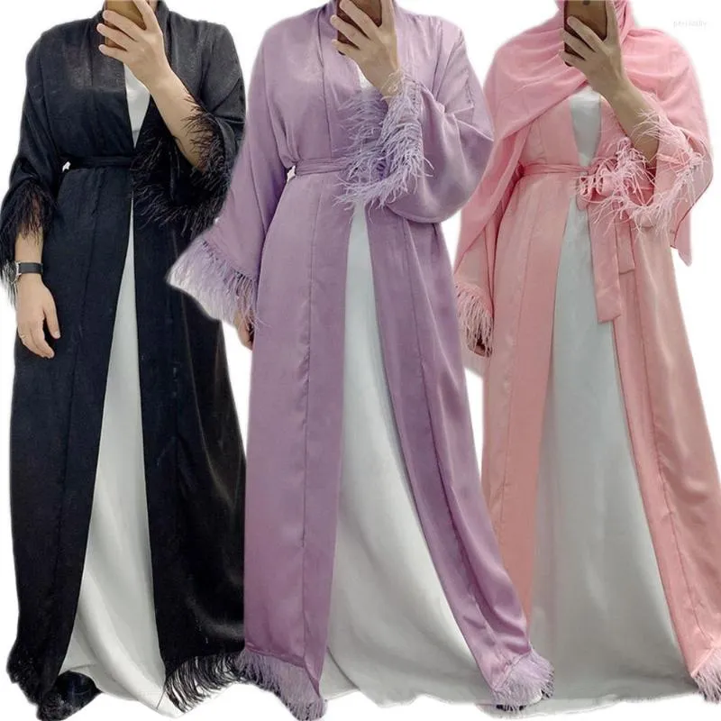 Vêtements ethniques Ramadan femmes musulmanes couleur unie islamique Maxi Robe moyen-orient élégant ouvert Abaya plume bord arabe caftan Cardigan