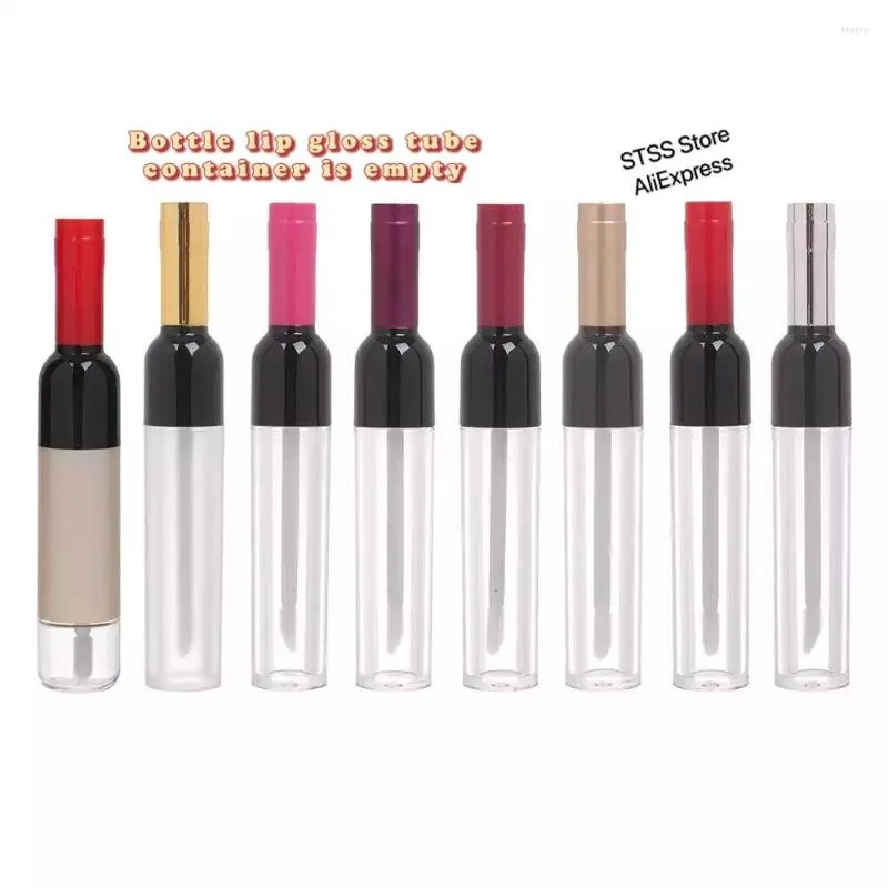 Bottiglie di stoccaggio Commercio all'ingrosso Trasparente Bottiglia di vino vuota Forma Lip Gloss Tubo Rossetto Tubi Argento / Oro / Rosso / Rosa Cosmetico ricaricabile