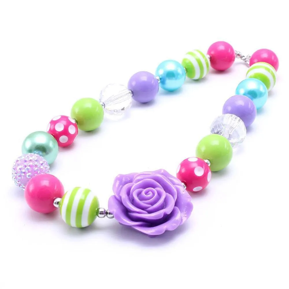 Collares con cuentas Flor de rosa púrpura Niño Chunky Collar Diseño de color brillante Bubblegum Bead Niños Joyería para niñas pequeñas Drop D Dhmsd