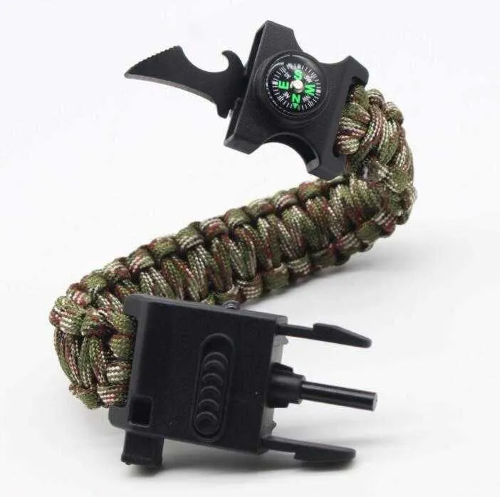 nouvelle randonnée en plein air camping bracelets bracelet de survie multifonction avec lampe torche led décapsuleur boussole outil d'évasion SOS