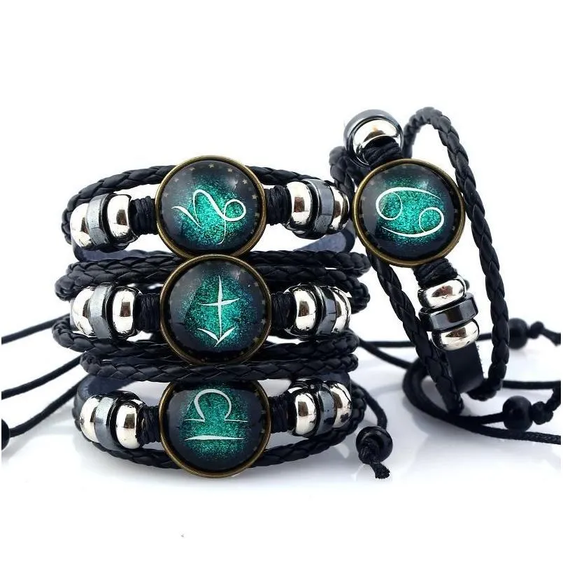 Beaded Europe And America Leisure Vintage Handknitted Bracelet Cowe 12 Constellation Men Women Jewelry Fashion Wholesale Drop Delive Dhqab