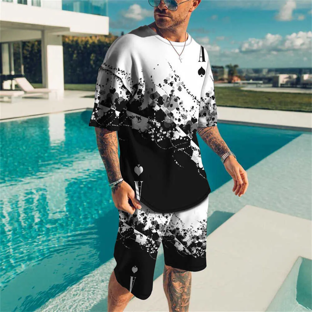 Chándales Conjunto de playa de verano para hombres Patrón de inyección de tinta 3D Impresión digital Camiseta Moda Casual Pantalones cortos cómodos P230603
