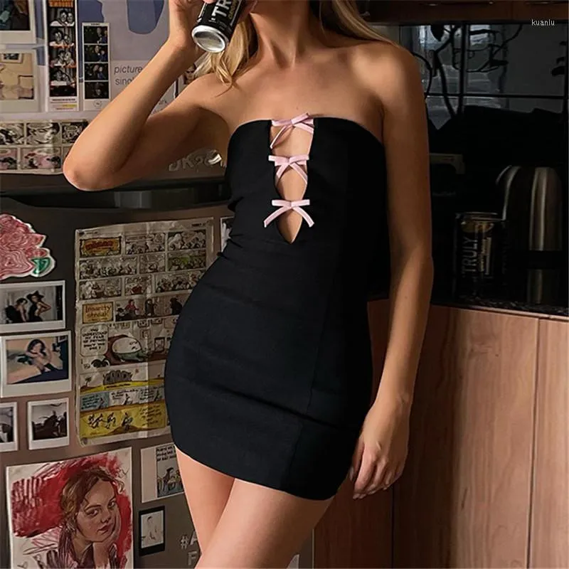 Casual Dresses AVV Temperament Nightclub Party Skinny Ladies Mini Bodycon Summer Dress Pink Bow Cut Out Axless Tube Top Partywear